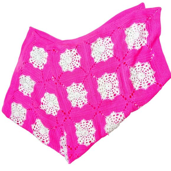 Handmade Pink and White Crochet Granny Square Afghan Blanket 67X64 Baby Girl - Picture 2 of 4